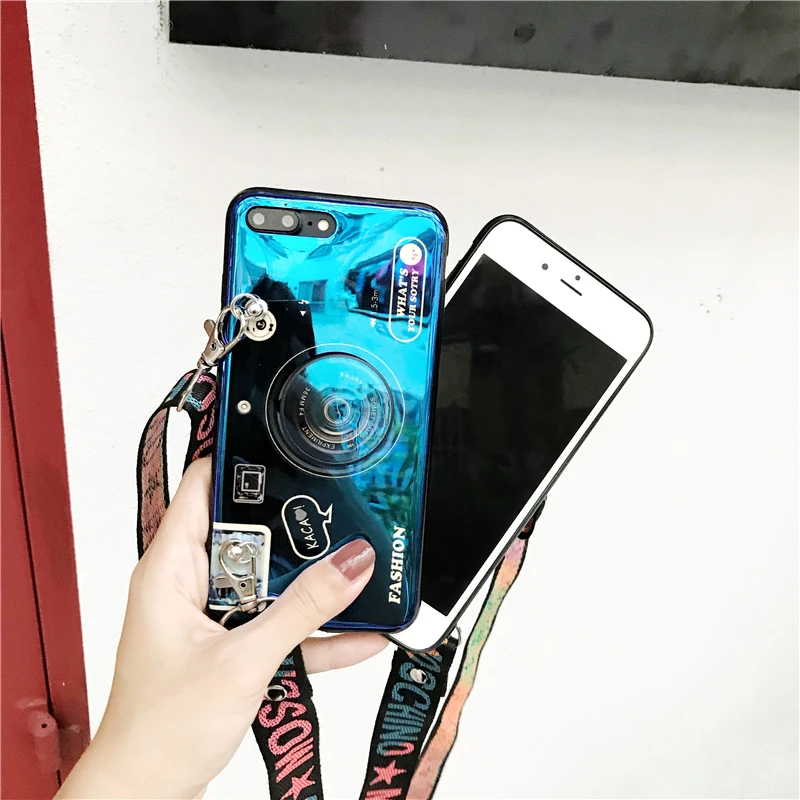 3D камера стиль Мягкий ТПУ чехол с ремешком и кронштейном для iPhone X XR XS Max 6 6S 7 8 Plus 5 5S