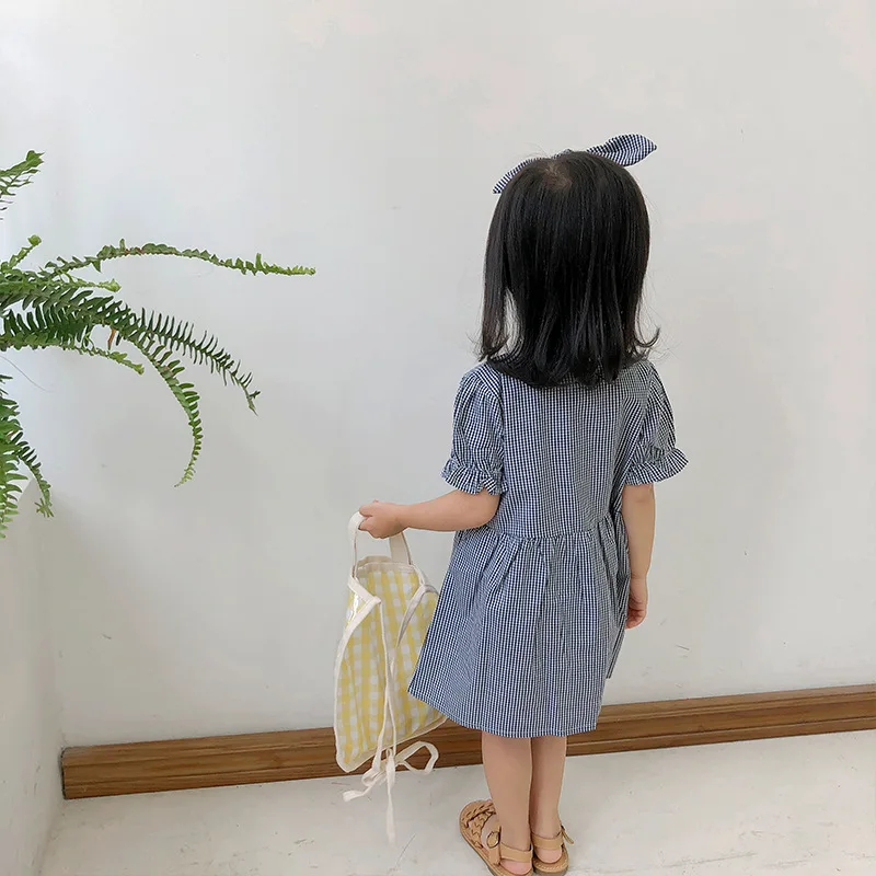 2019 Spring New Arrival korean style cotton plaid short sleeve princess dress with headband for cute sweet baby girls | Детская одежда