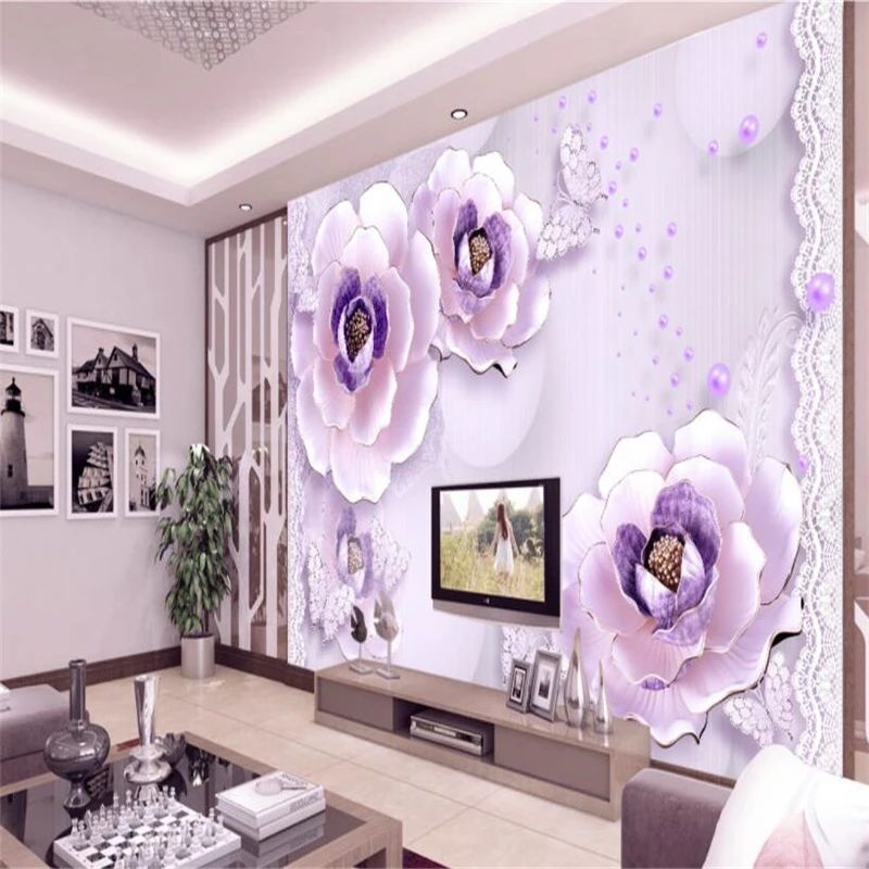 

beibehang Custom 3d wall paper European three-dimensional relief romantic purple peony wallpaper background wall decoration