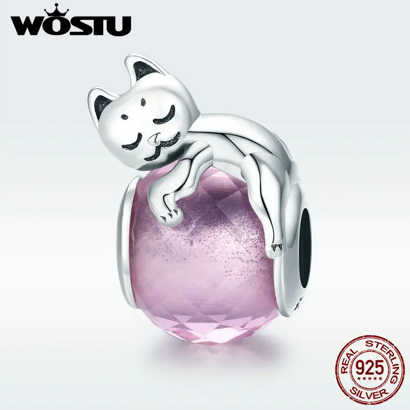 WOSTU 100% 925 пробы серебро животное котенок киска кот шар Очаровательные бусы