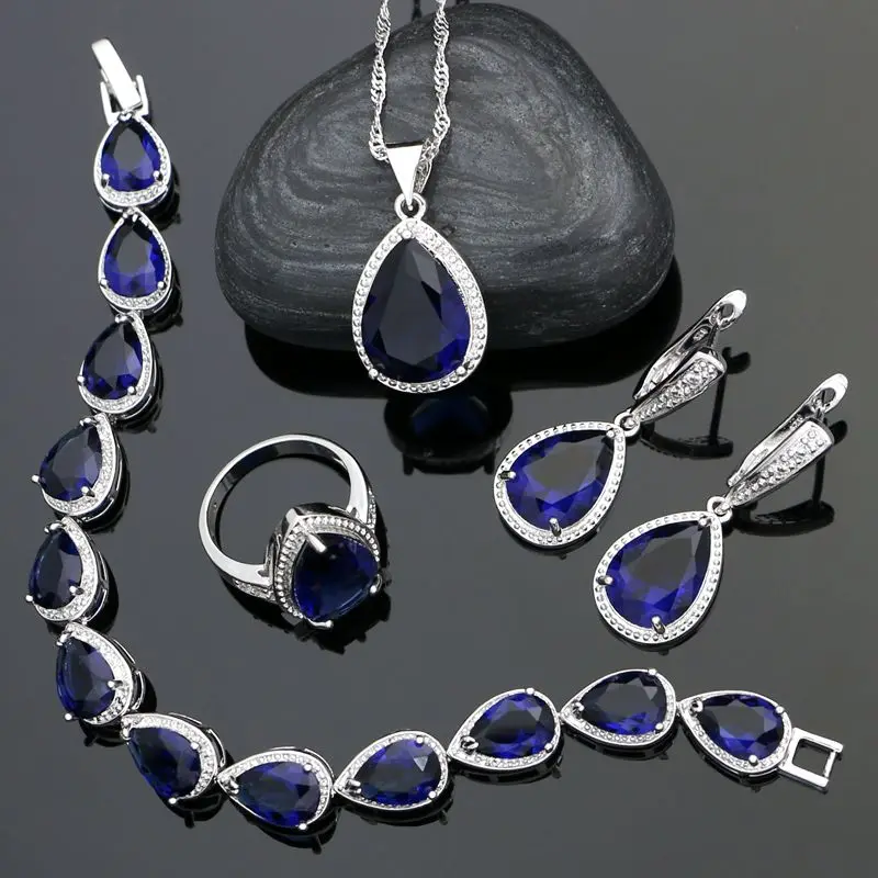 

Water Drop 925 Silver Jewelry Sets For Women Party Decoration Blue Cubic Zirconia Earrings/Ring/Bracelet/Necklace/Pendant