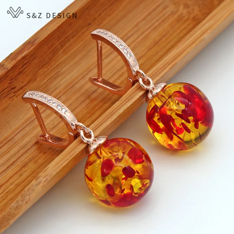 S&Z Round 14mm Flower ambers Dangle Earrings 585 Rose Gold Japanese South Korean Eardrop Temperament Vintage earrings for women images - 6
