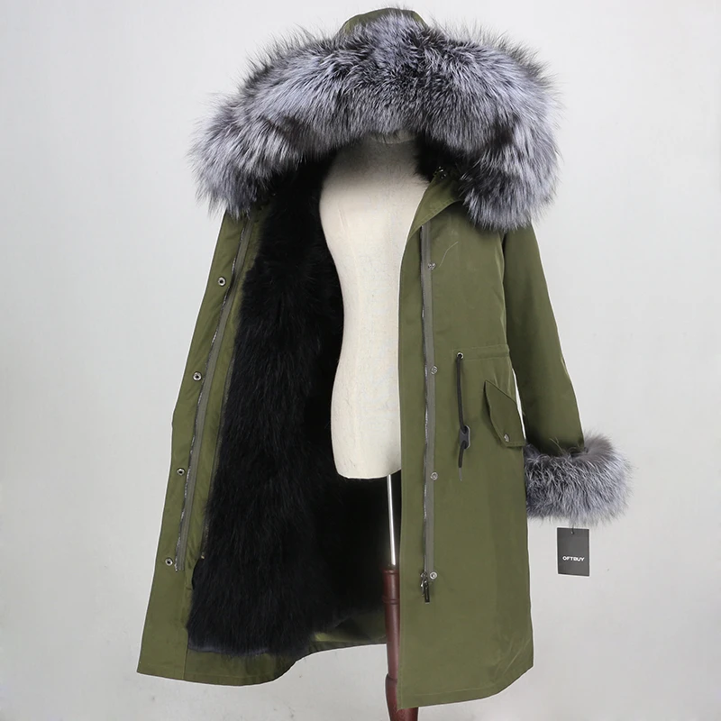 green silver OFTBUY X-long Parka водонепроницаемое пальто натуральный мех зимняя куртка женская натуральный Лисий мех воротник капюшон манжеты подкладка из натурального кроличьего меха Повседневная - Цвет: green silver