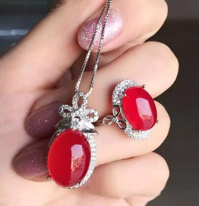 

KJJEAXCMY boutique jewels 925 Pure silver inlay natural red jade medullary ring + pendant + earring set with diamond vine flower