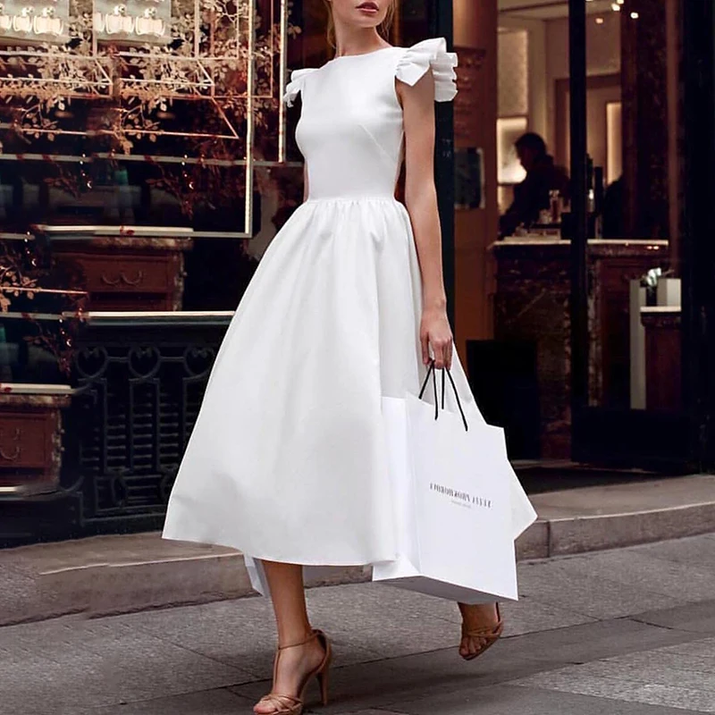 

Elegant White Prom Women Fashion Vogue Party Dresses Sleeveless Vintage Solid Ruffle Sleeve A- Line Swing Dresses Vestidos