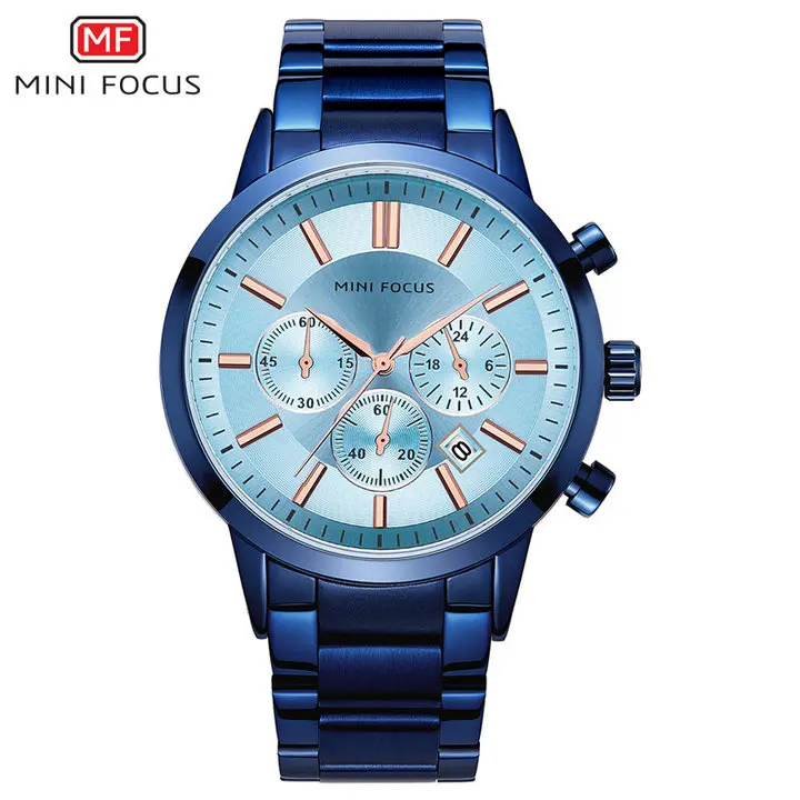 SKY BLUE Классические бизнес кварцевые мужские часы с мини-фокусом, ремешок из нержавеющей стали, 3 суб-циферблата, 6 стрелок, хронограф, мужские часы, лучший бренд класса люкс - Цвет: SKY BLUE