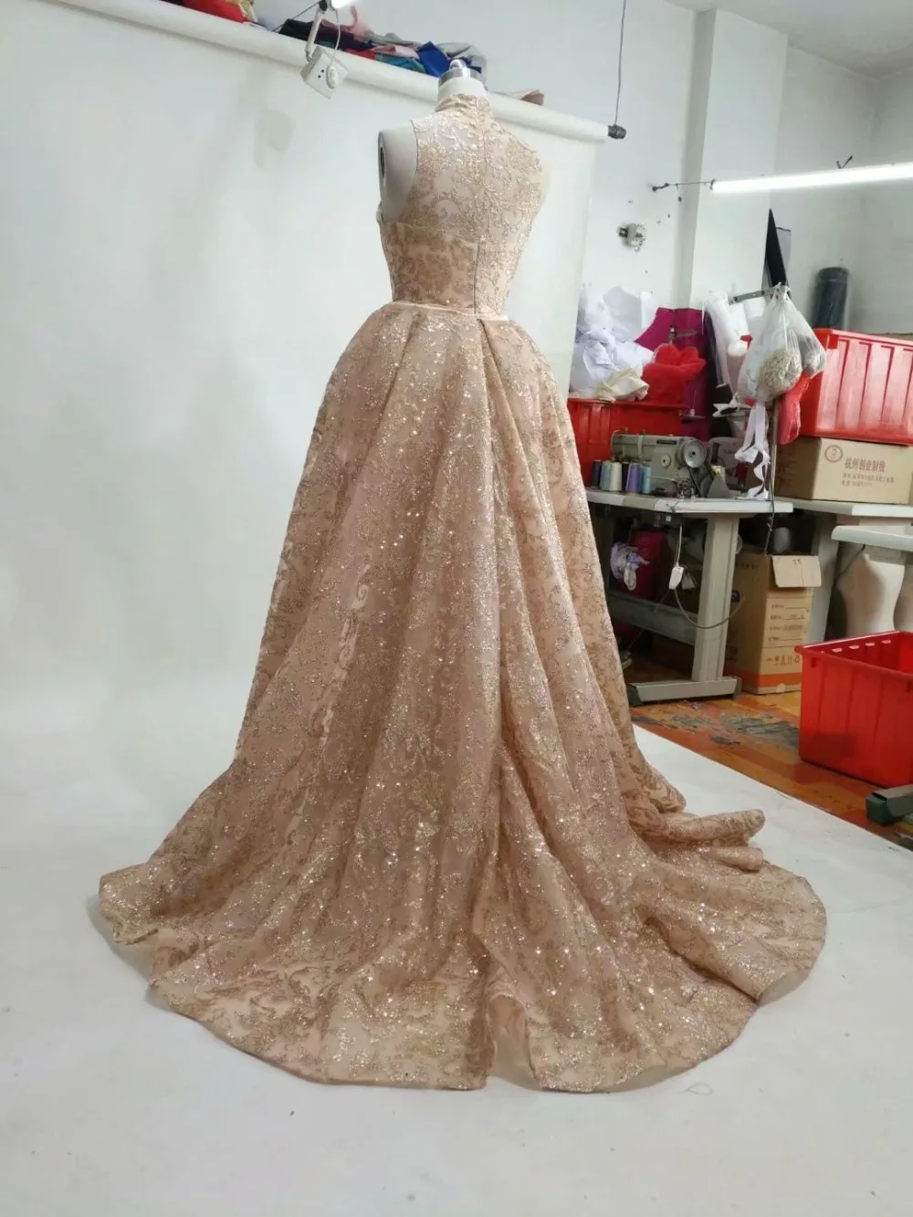 

HSDYQHOME Vestidos de festa Rede de brilho de champanhe vestido longo para casamento com sobrecarga removivel net evening gown