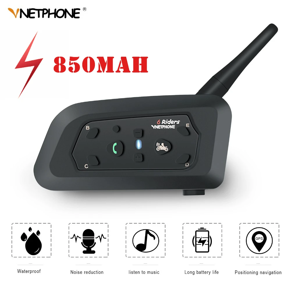 Bluetooth гарнитура VNETPHONE V6 для мотоциклетного шлема 1 2 км 850 мАч IP65 6 водителей MP3