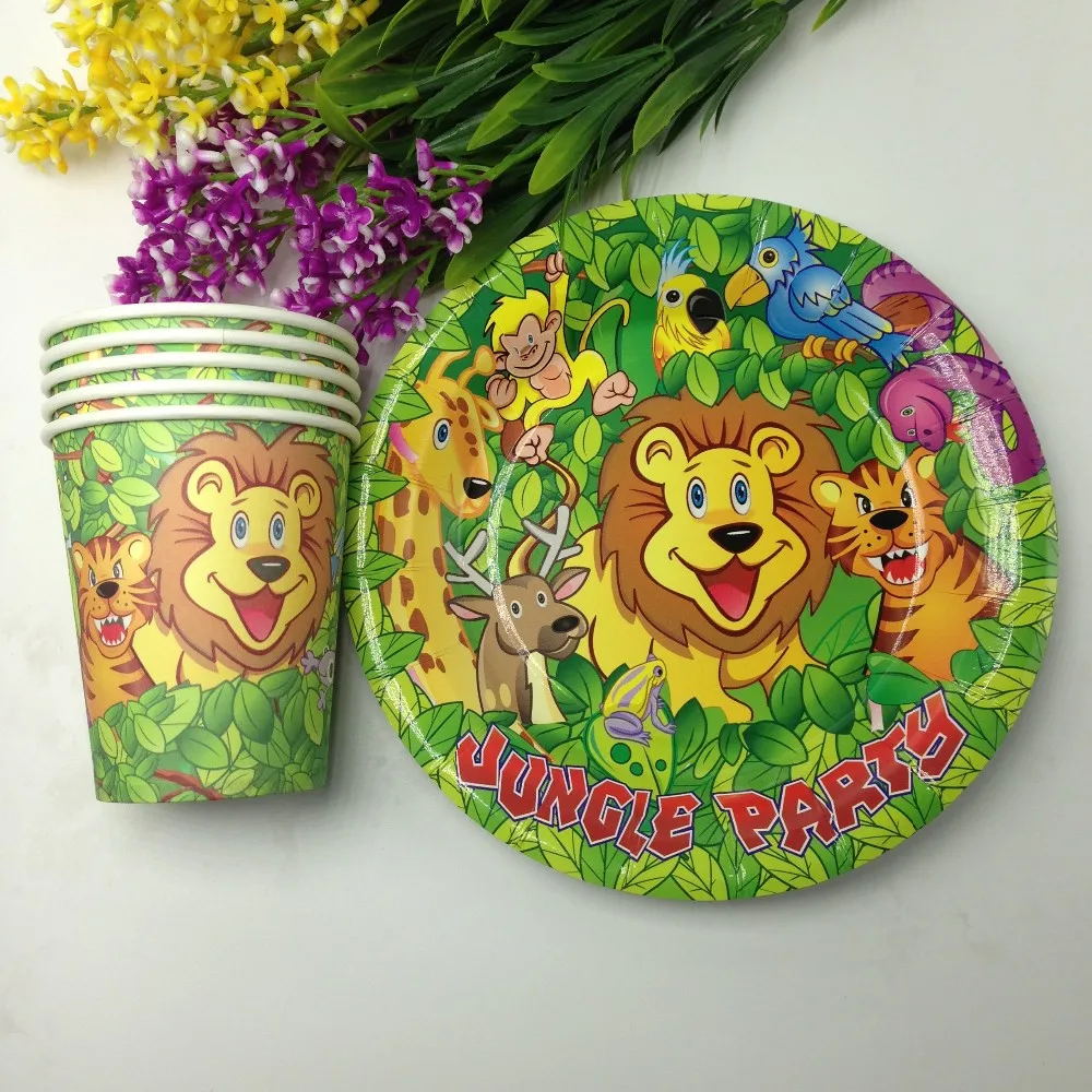 58 шт. джунгли Лев кружки тарелки салфетки соломы Подарочный пакет Ножи столовая