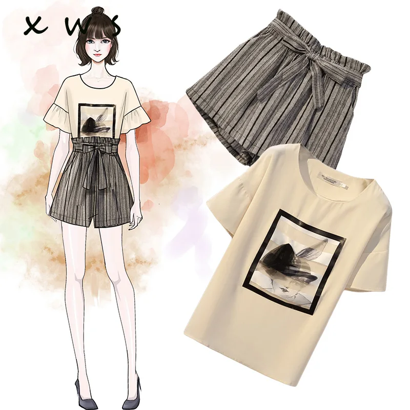 Женский летний костюм большого размера 2019 Модный повседневный комплект с