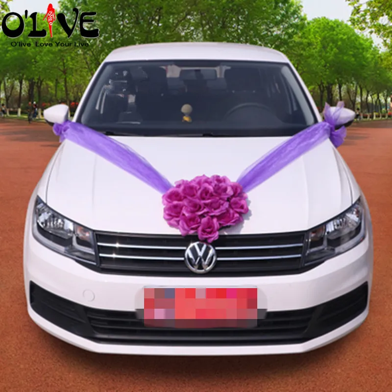 Purple Искусственные цветы Свадебные украшения автомобиля Искусственные цветы из шелка Декоративный венок вытяжной цветок лента Свадебный декор День святого Валентина - Цвет: Purple