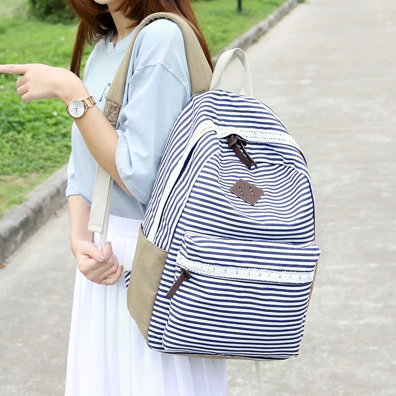 Модные женские рюкзаки ранцы водонепроницаемый холст в полоску школьные для