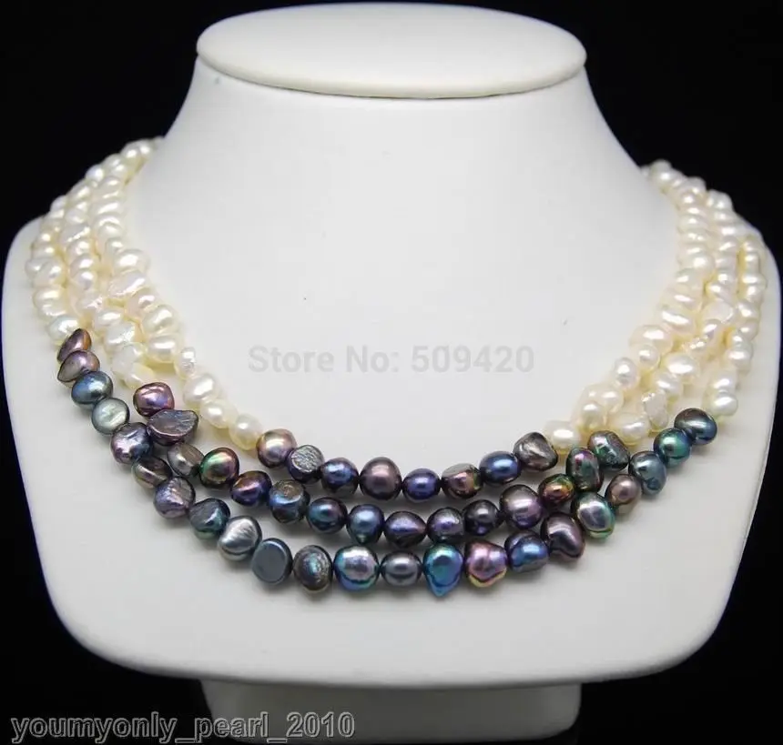

3Row Natural Freshwater white & black baroque pearl necklaces 17-19"