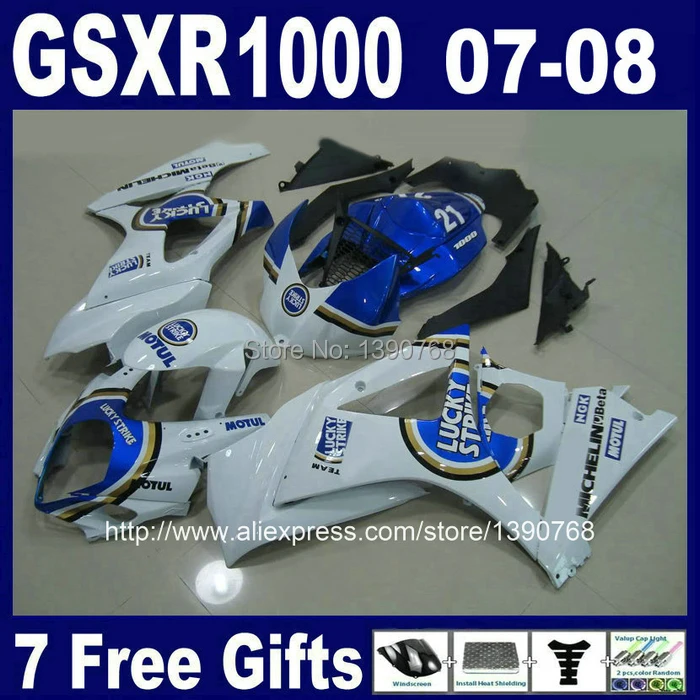 

Customize free motorcycle ABS fairing kit for SUZUKI GSXR1000 2007 2008 K7 blue white LUCKY STRIKE fairings set GSXR 1000 07 08