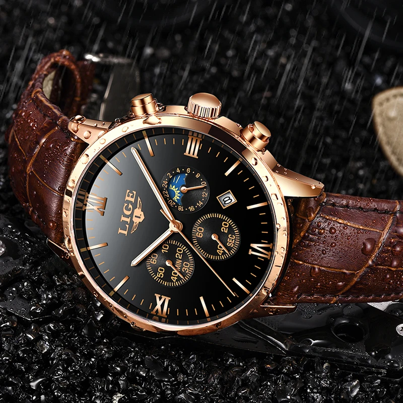LIGE Mens Watches Top Brand Luxury Fashion Watch Men Leather Quartz Clock For Male Auto Date Rose Gold Shell relogio masculino