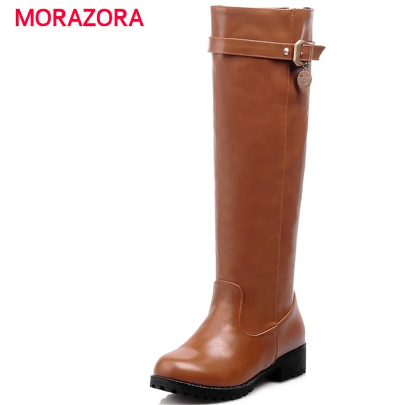 MORAZORA/2018 новые модные сапоги до колена без шнуровки с круглым носком на квадратном