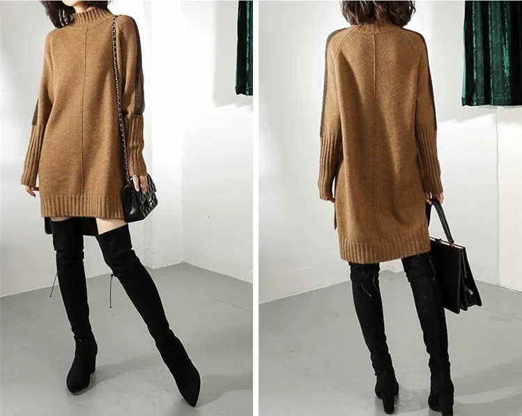 cashmere wool blend women fashion mid long open hem hip pack skirt dress half-high collar pullover sweater S-3XL | Женская одежда