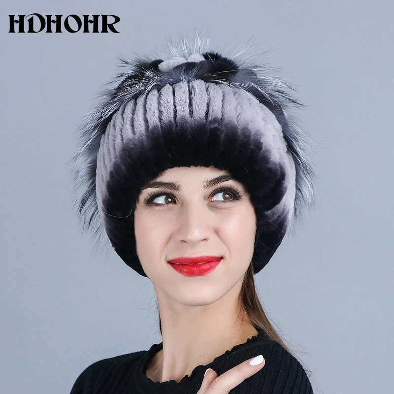 HDHOHR 2018 НОВАЯ шапка из натурального меха шапки кролика Рекс серебристого лисьего