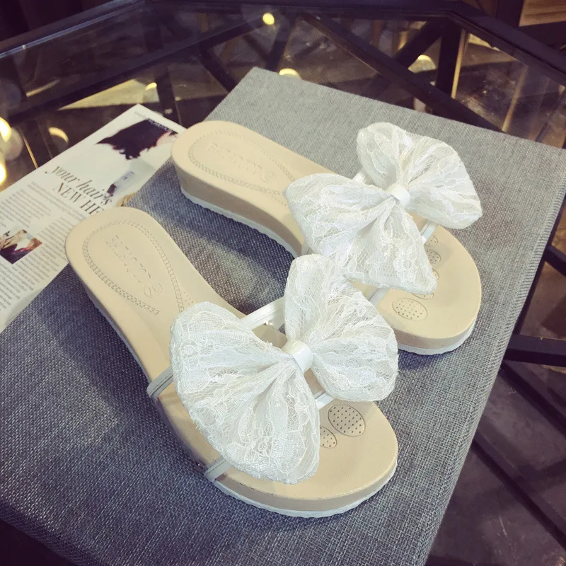 2015 Female Slippers Summer Fashion Korean Princess BOW LACE Women's Flat Thick Bottom Waterproof Sandals | Обувь