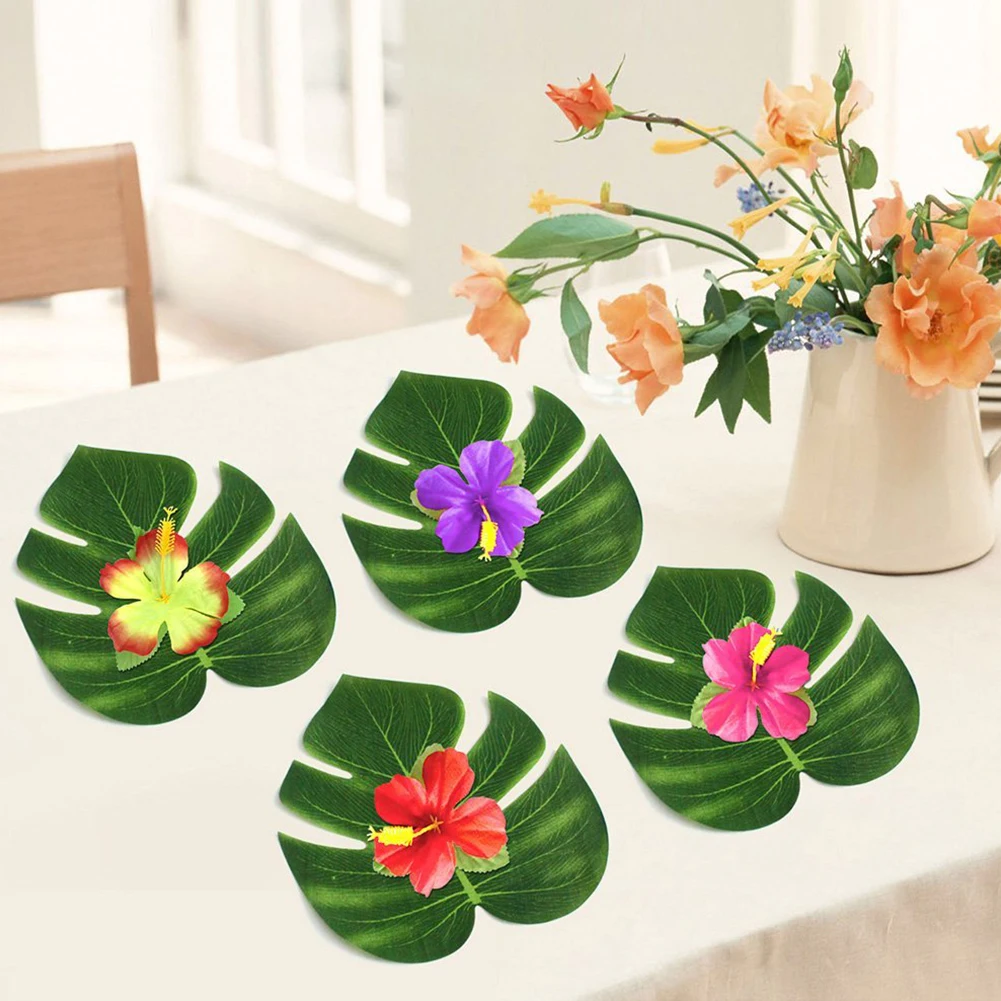 30 шт. искусственные тропические Пальмовые Листья и 24 цветок гибискуса Гавайские