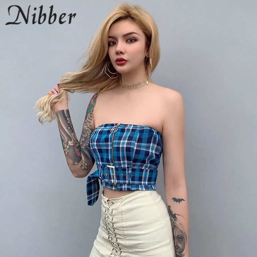 Nibber, летние, синие, клетчатые, элегантные топы, женские майки, модные футболки, сексуальные, вечерние, короткий топ, для диких девушек, с открытыми плечами, бандо
