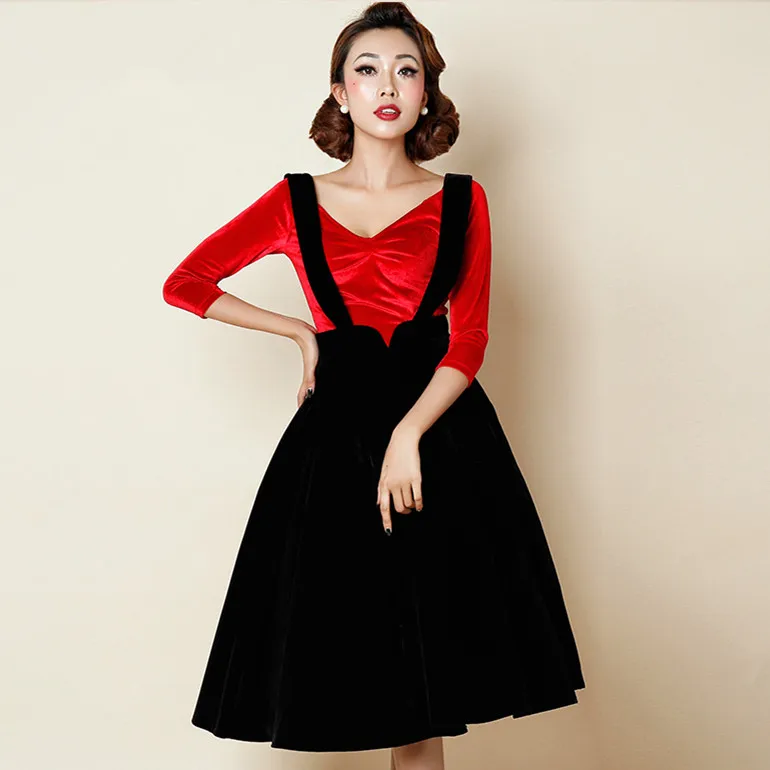 Женский винтажный бархатный комбинезон черная юбка на подтяжках в стиле 50 х