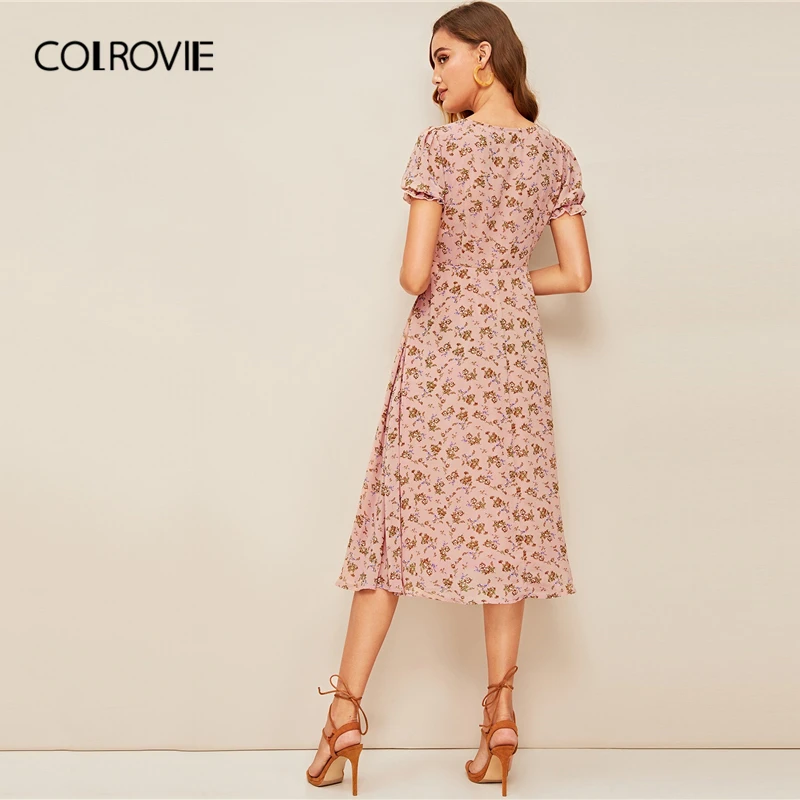 COLROVIE, розовое, с цветочным принтом, с завязками на шее, с рюшами, бохо, длинное платье для женщин, лето, пышные рукава, облегающие и расклешенные винтажные платья
