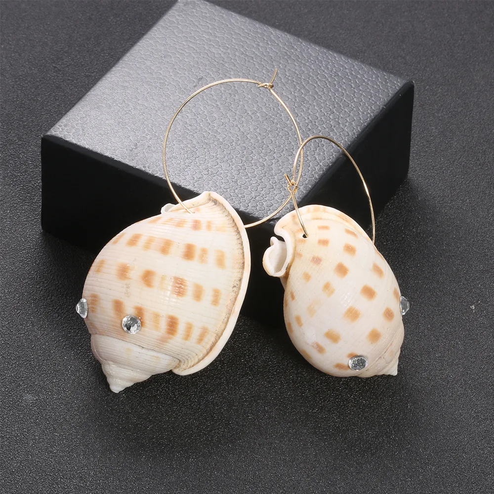 Bohemia Conch Alloy Crystal Charm Drop Earrings for Women Vintage Boho Big Natural Sea Pendant Dangle Ear Clip Cuff | Украшения и
