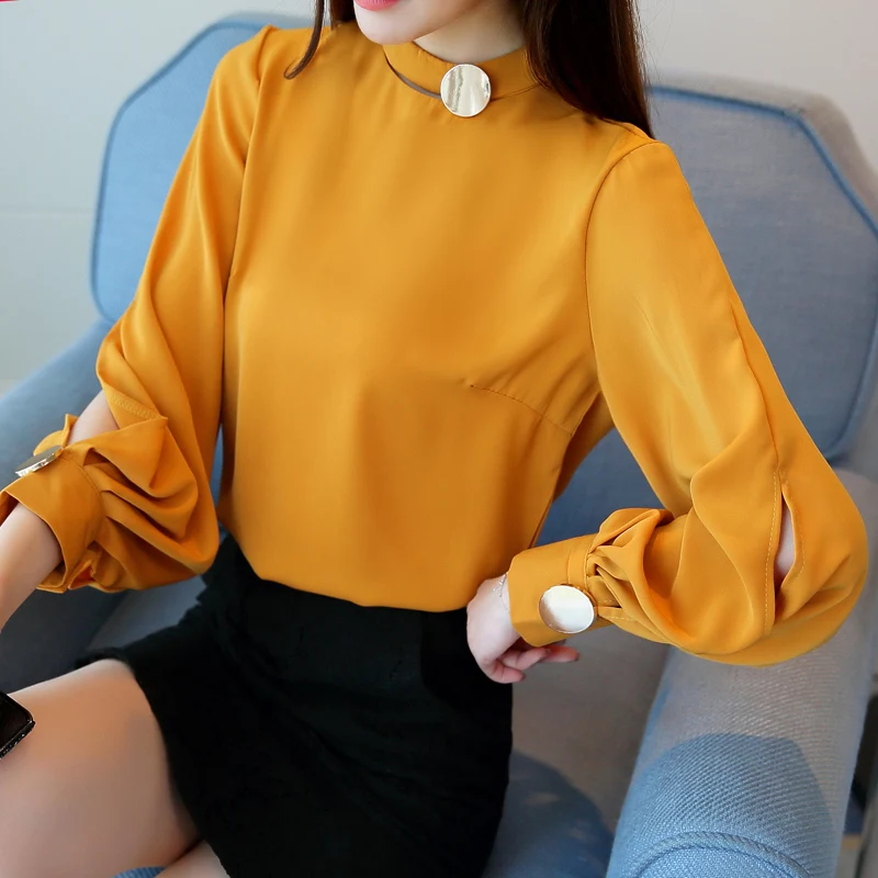 2018 New Fashion stand collar long Sleeves Chiffon Women Blouse shirt lantern sleeve Casual women's clothing tops blusas red |