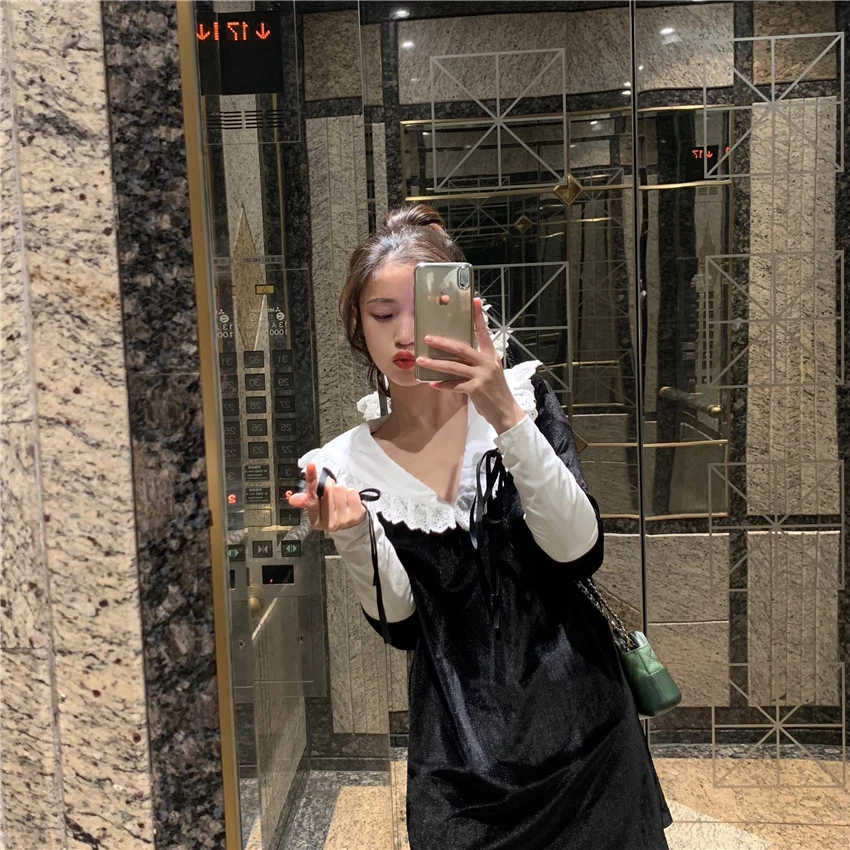 Retro Women Dress Velvet Stitching Peter Pan Collar Lace Up Long Sleeve 2019 New Sweet Female | Женская одежда