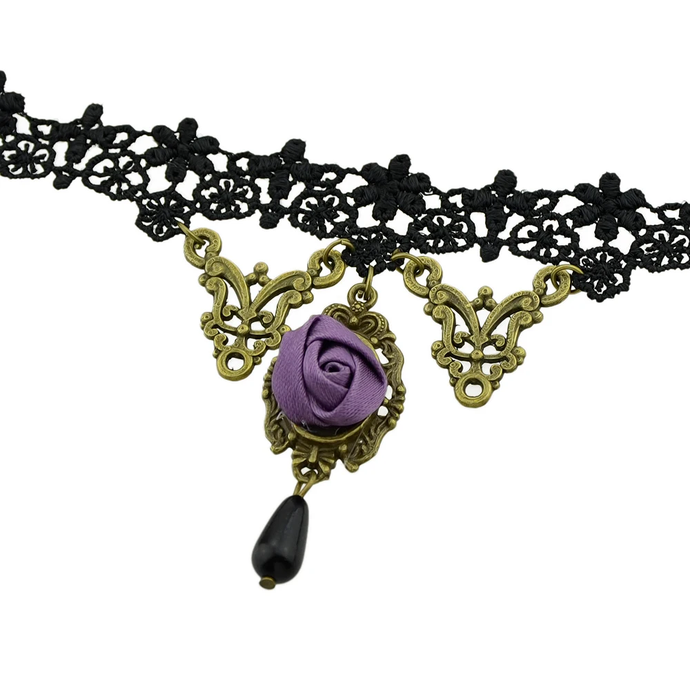 Feelshine Punk Rock Style Gothic Black Lace Rope Hollow Out Chain With Antique Gold-Color Purple Flower Choker Necklace | Украшения и