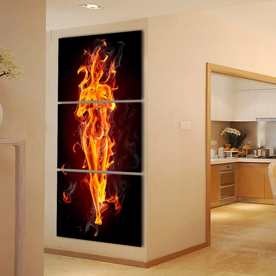 Модульный дом Декор HD Печатный плакат 3 Панель пламени женские пейзаж картины