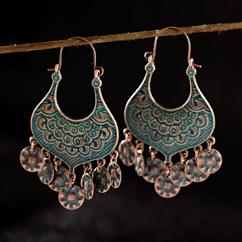 Этнические Ретро зеленые резные медные серьги Boucle D'oreille India Jhumka Jhumki бронзовые