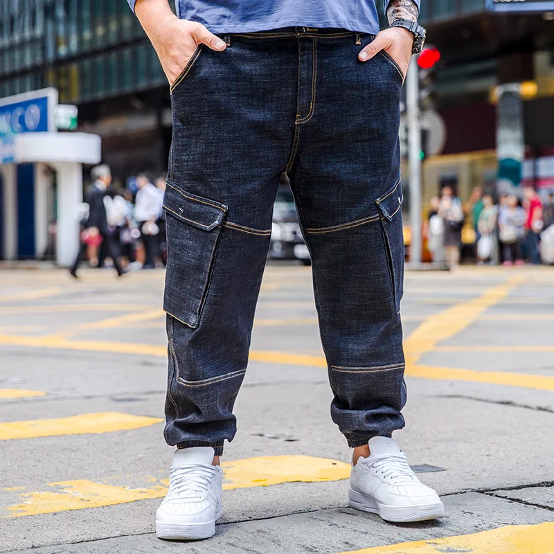 2018 Mens Casual Multi Big Pockets Blue Jeans Distressed Slim Elastic Denim Biker Hip Hop Pants Large Size 30-44 46 | Мужская одежда