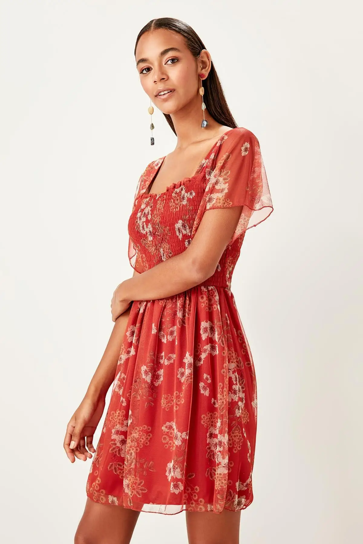 Trendyol бордовое трикотажное платье из тюля TWOSS19OS0130 | Женская одежда