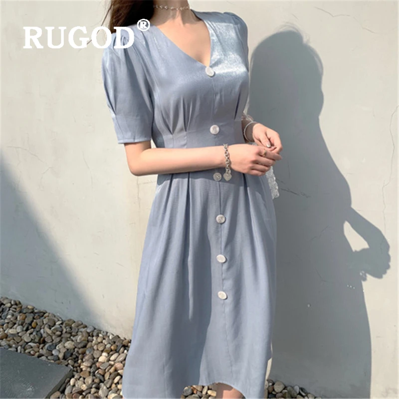 Женское атласное платье RUGOD винтажное однотонное на пуговицах с v образным