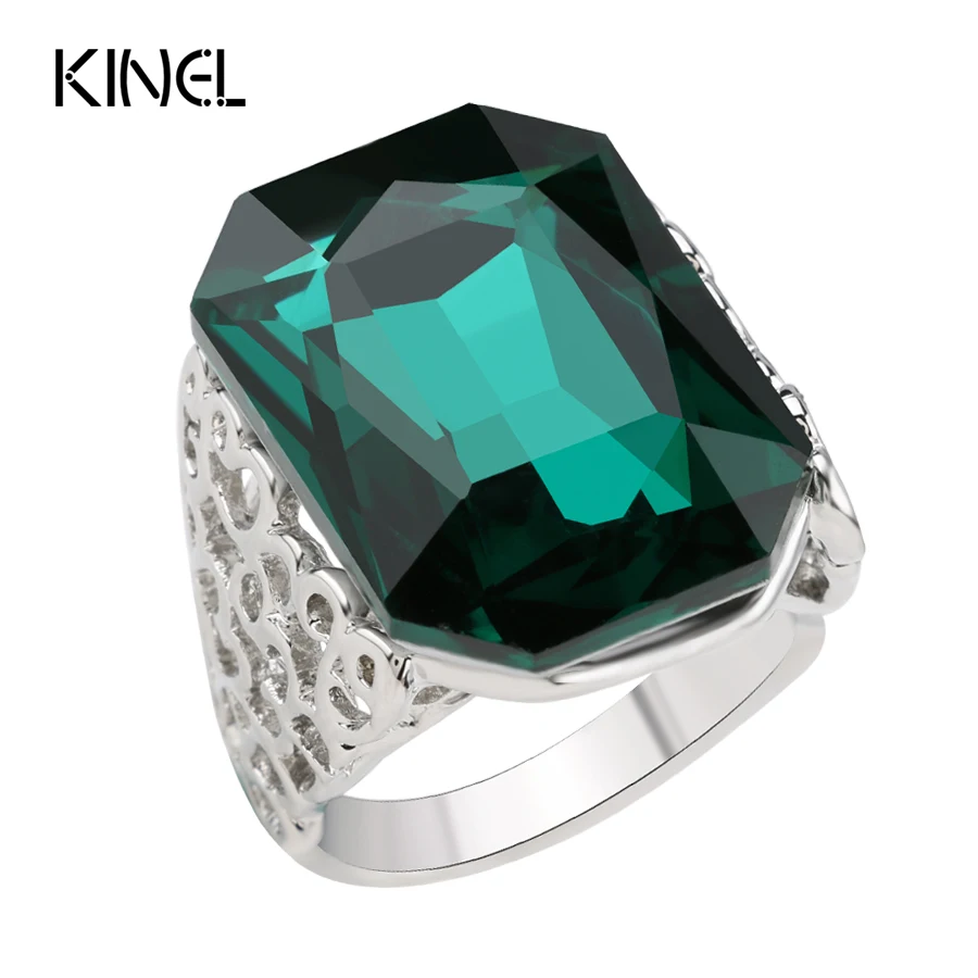 Женские большие кольца из зеленого стекла уникальные обручальные серебряного