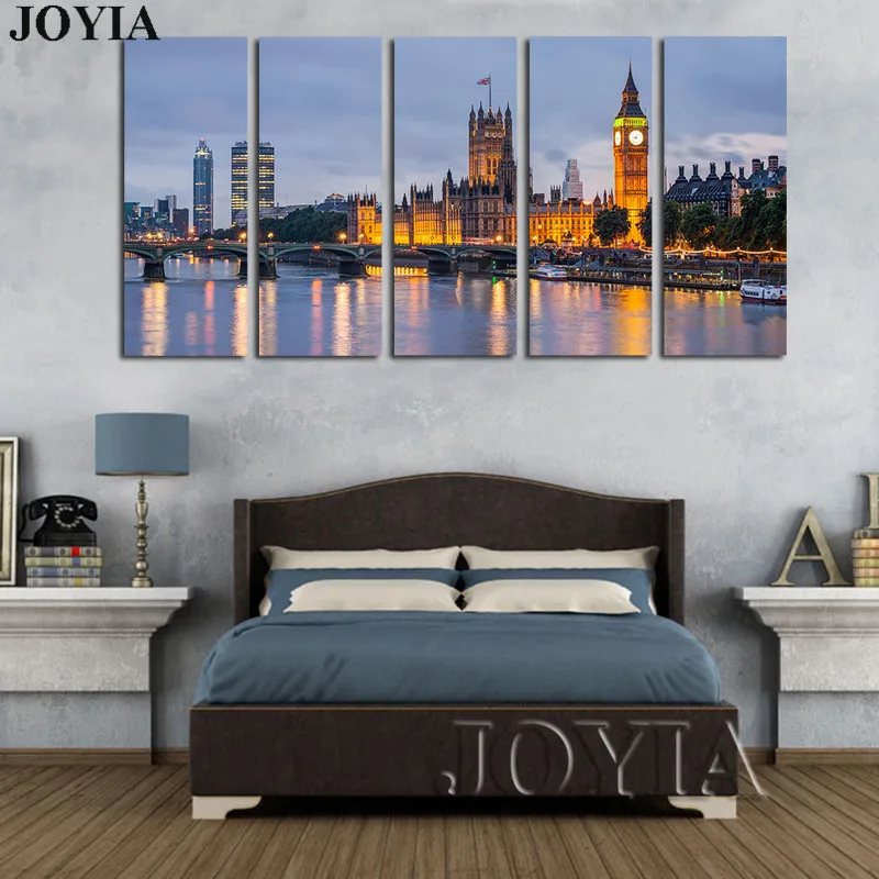 

5 Piece Home Decor Painting Canvas London Cityscape Wall Pictures Thames River Dusk And Big Ben Canvas Art Set No Frame