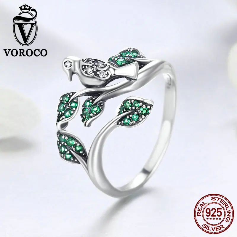 VOROCO,, 925 пробы, Серебряное блестящее кольцо с птицей на ветке, регулируемое кольцо, зеленый циркон, камень, вечерние ювелирные изделия, BNR009
