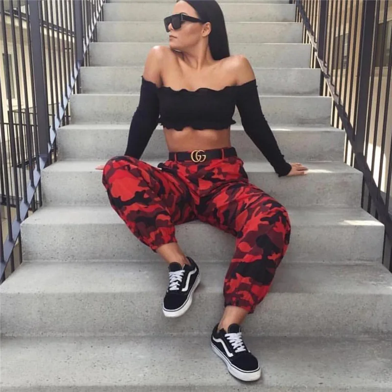 Fashion Zipper Camouflage Pants Loose High Waist Pockets Camo Trousers Button Full Length Military Cargo for Women | Женская одежда