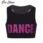 Детский укороченный топ без рукавов с блестящими буквами для девочек, спортивный бюстгальтер для выступлений, тренировок, гимнастических футболок