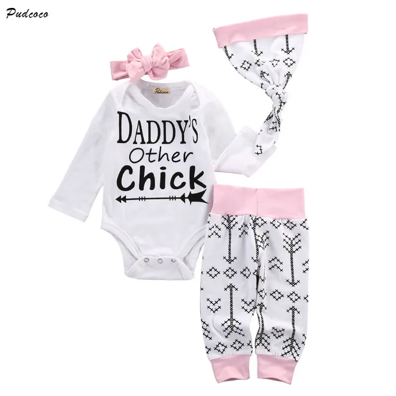 

Детская одежда Pudcoco для девочек, зимняя одежда из 2017 хлопка для девочек, боди с длинным рукавом, штаны с принтом, шапка, повязка на голову, ком...