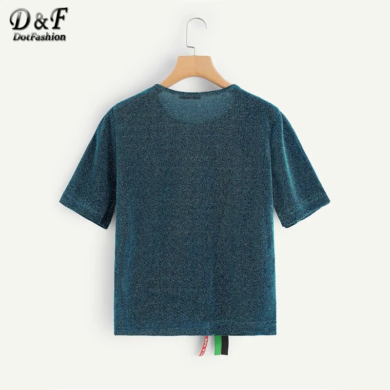 Dotfashion, бирюзовая футболка с рисунком, блестящая женская футболка, лето, Повседневная Уличная одежда, модные топы, футболка с коротким рукавом