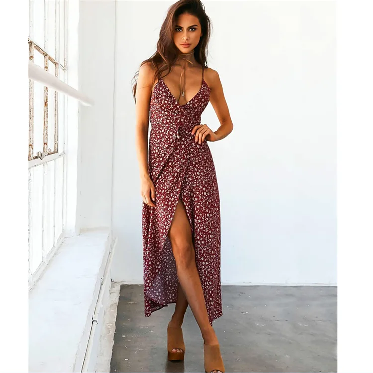 Женское длинное платье с цветочным принтом V образным вырезом и разрезом|long dress|long