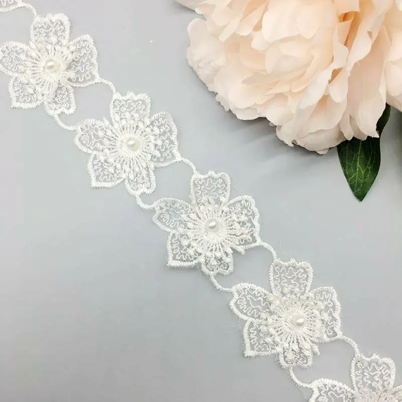 Width 50mm A74 1 ярд растворимый органзы 3D Белый цветок жемчужина вышитые кружева отделка Лента ткань ручной работы DIY шитье ремесло для костюма шляпа Декор - Цвет: Width 50mm A74