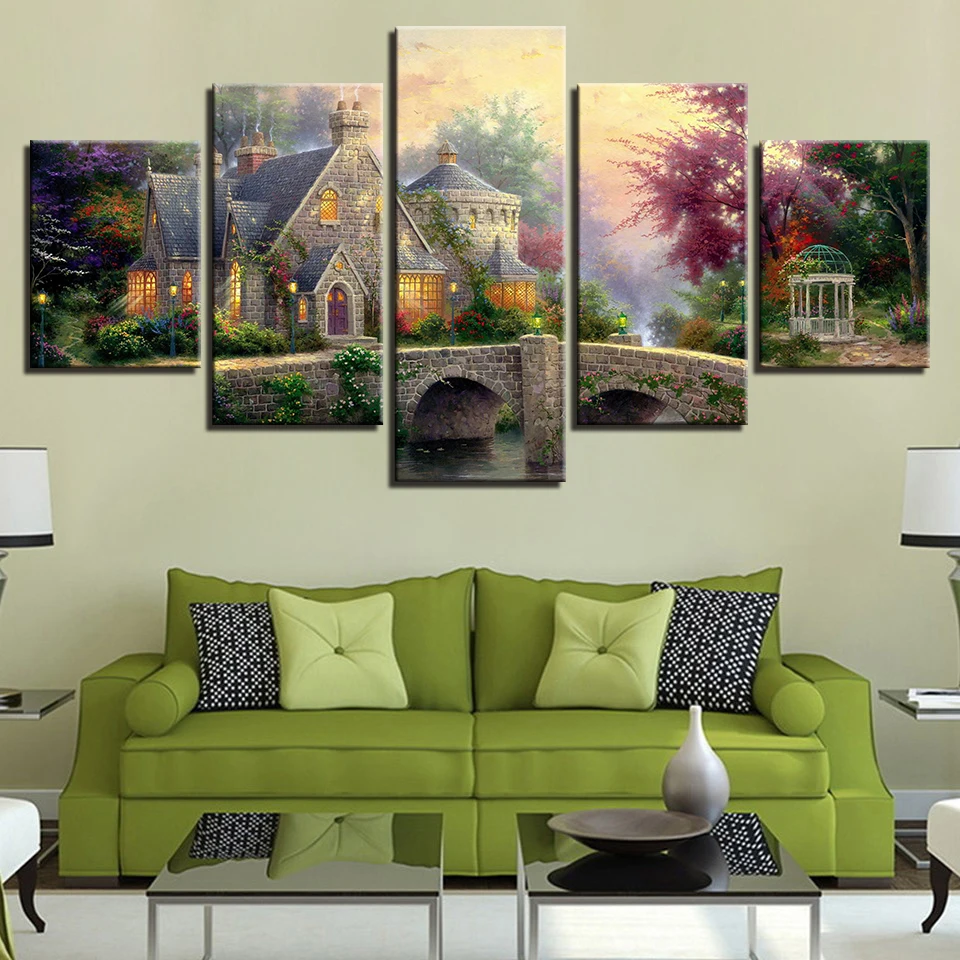 

Canvas HD Printed Classic Cottage Landscape Picture Home Wall Art Room Decorative Framework 5 Pieces Bridge Posters Painting