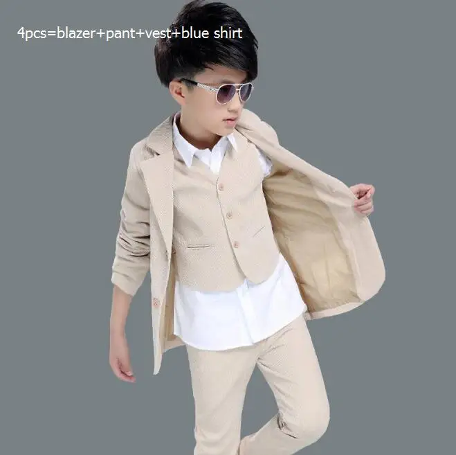 khaki4pcsblue Weoneit/торжественный костюм для мальчиков с цветочным принтом; платье для свадебной вечеринки; детский Блейзер; жилет; брюки; рубашка; 4 предмета; детский смокинг; костюм для выступлений на выпускной - Цвет: khaki4pcsblue