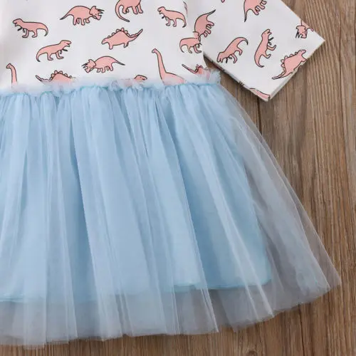 US STOCK Princess Kids Baby Girl Blue Dress Cartoon Animals Print Birthday Wedding Clothes Long Sleeve Tutu New Party | Детская одежда