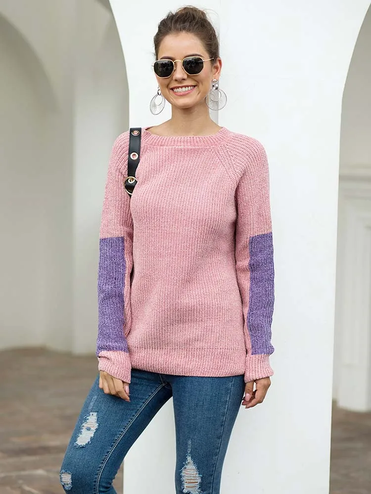 

yinlinhe Pink Warm Winter Sweater Women Long Sleeve 2019 O neck Autumn Pullovers Women Patchwork Ladies Casual Jumpers 1209