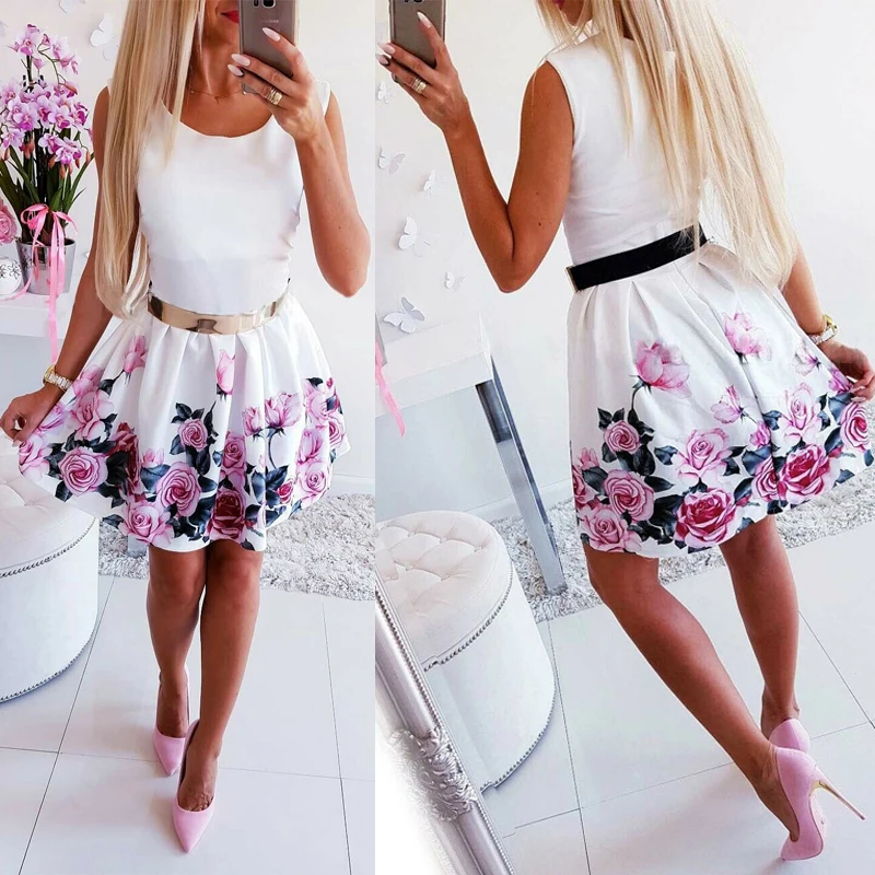 Женское мини платье с принтом повседневное высокой талией и о вырезом без